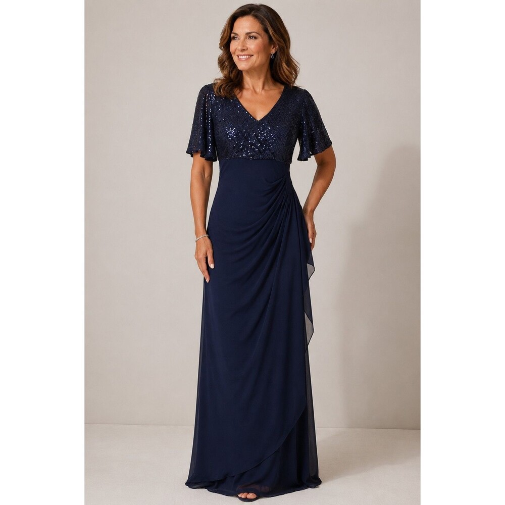 Xscape Navy Blue Sequin Ruffle Chiffon Maxi Dress V-Neck Flutter Sleeve Size 8 - Picture 1 of 11